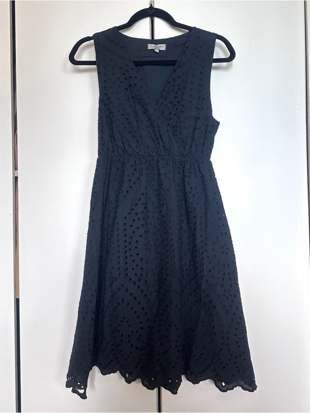 LE RAGAZZE Made in Italy Black Scalloped Eyelet Midi Dress M Fully Lined Cotton
